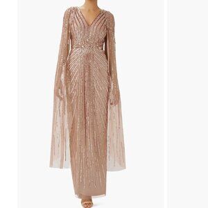ADRIANNA PAPELL Beaded Sequin Long Sleeve Cape Gown In Rose Gold
